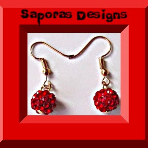 Gold Tone Dangle Earrings With Red Ball Round Circle Designs - Picture 1 of 1
